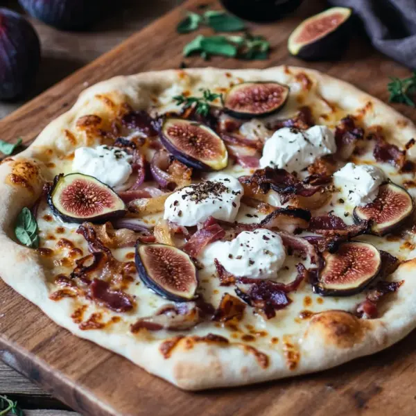Feigen-Bacon-Pizza mit karamellisierten Zwiebeln und Balsamico
