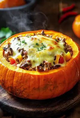Gefüllter Kürbis mit Fleisch, Champignons, Paprika und Käse aus dem Ofen 30 Gefüllter Kürbis mit Fleisch, Champignons, Paprika und Käse aus dem Ofen