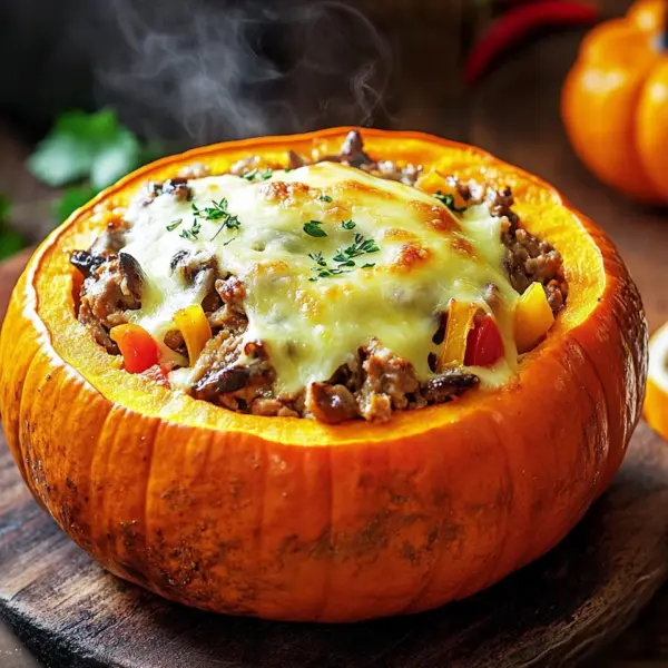 Gefüllter Kürbis mit Fleisch, Champignons, Paprika und Käse aus dem Ofen