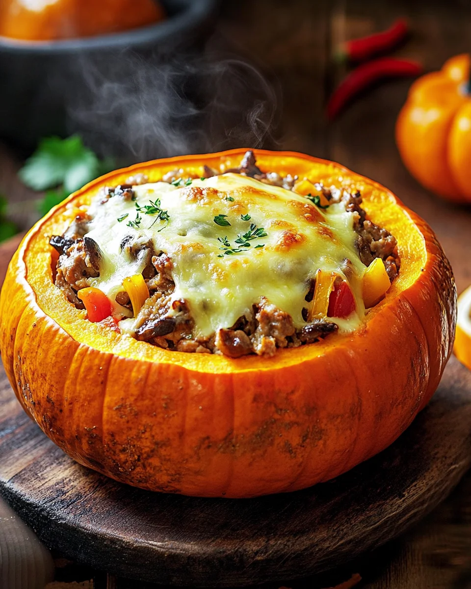 Gef&uuml;llter K&uuml;rbis mit Fleisch, Champignons, Paprika und K&auml;se aus dem Ofen