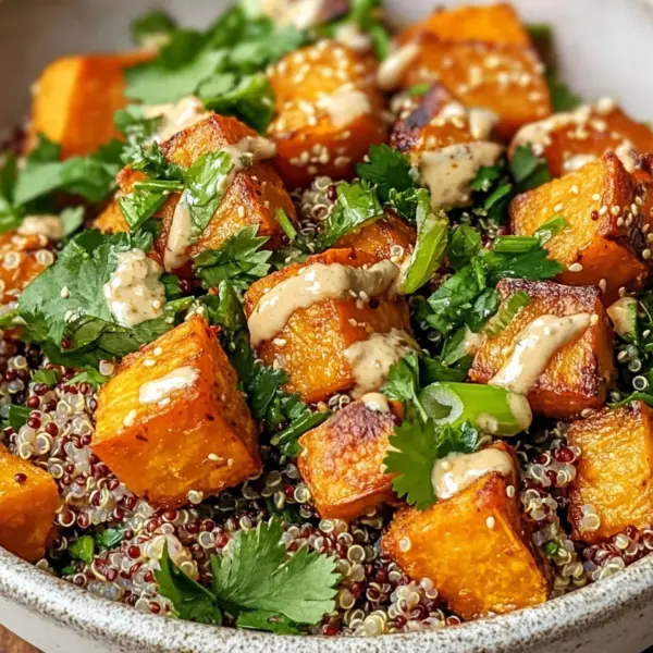 Gerösteter Süßkartoffel-Quinoa-Salat mit Sesam-Miso-Sauce