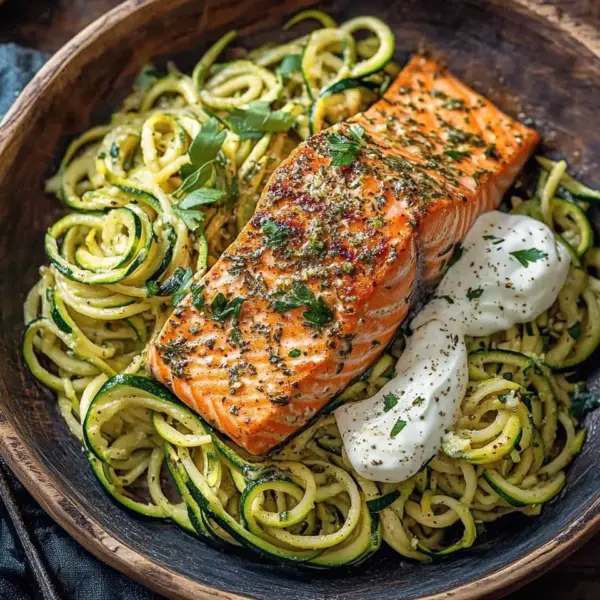 Kräuterlachs auf Zucchinipasta