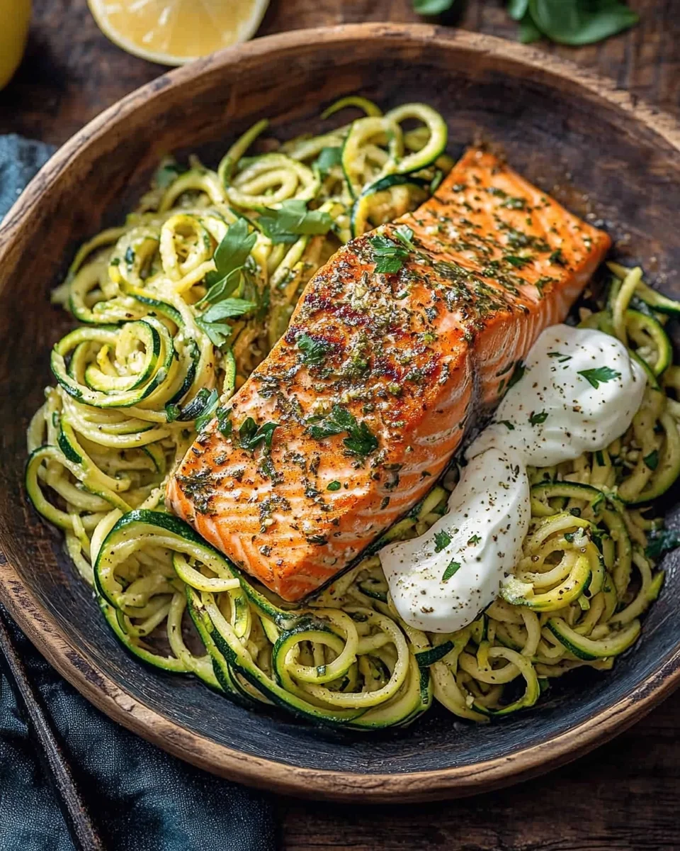 Kr&auml;uterlachs auf Zucchinipasta