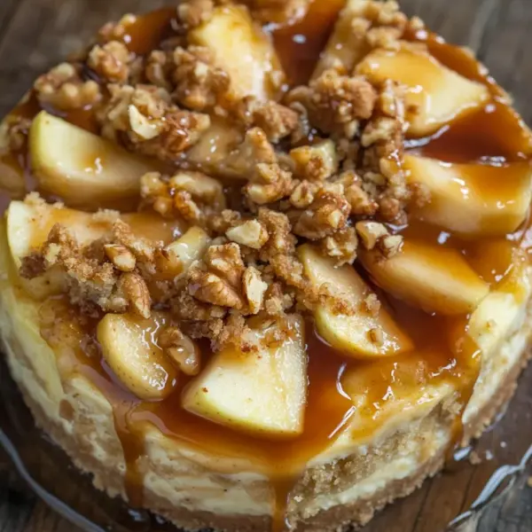 Apfel-Cheesecake mit Walnuss-Streuseln und Karamellsauce