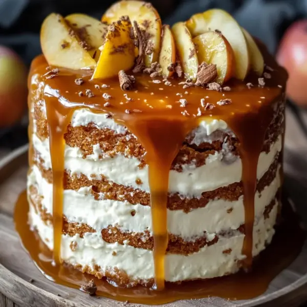 Bratapfeltorte mit Orangen-Zimt-Creme und Karamell-Drip