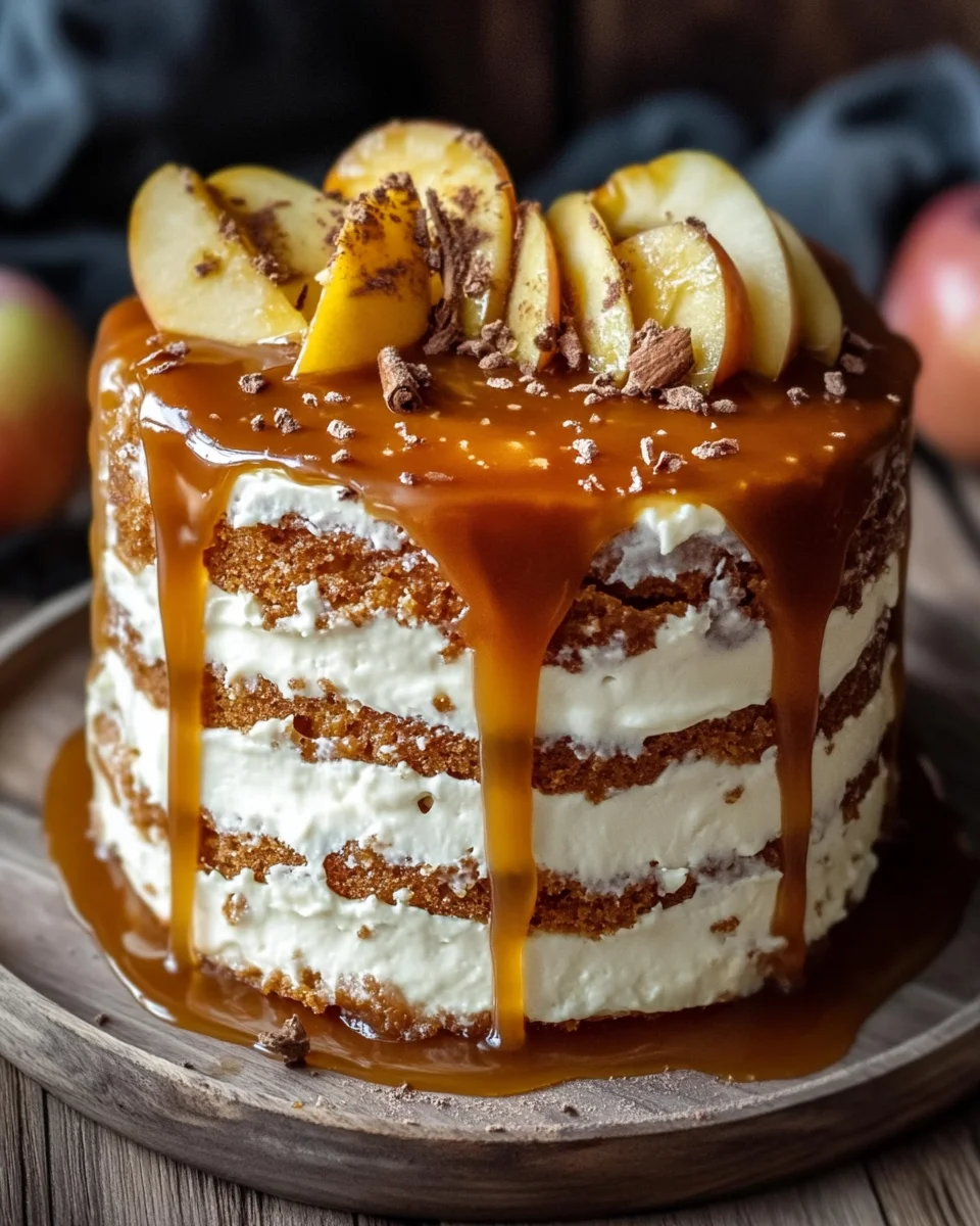 Bratapfeltorte mit Orangen-Zimt-Creme und Karamell-Drip