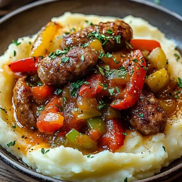 Cremige Wurst und Paprika auf Kartoffelpüree