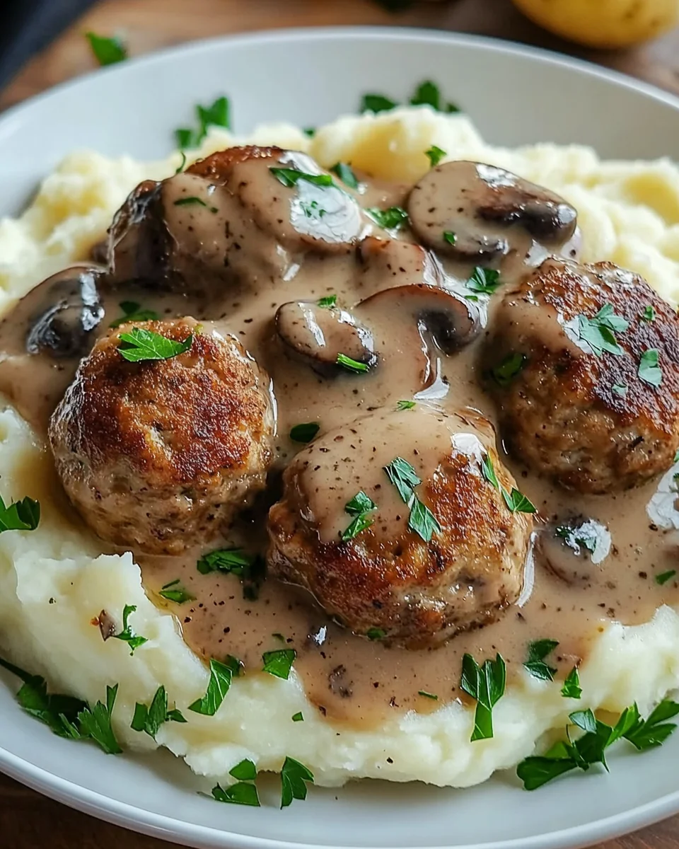 Fleischbällchen mit Kartoffelpüree und Champignonrahmsauce 30 Fleischbällchen