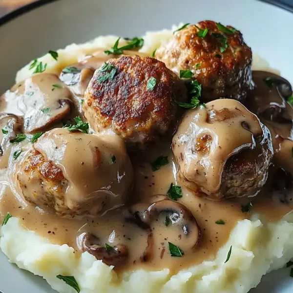 Fleischbällchen mit Kartoffelpüree und Champignonrahmsauce