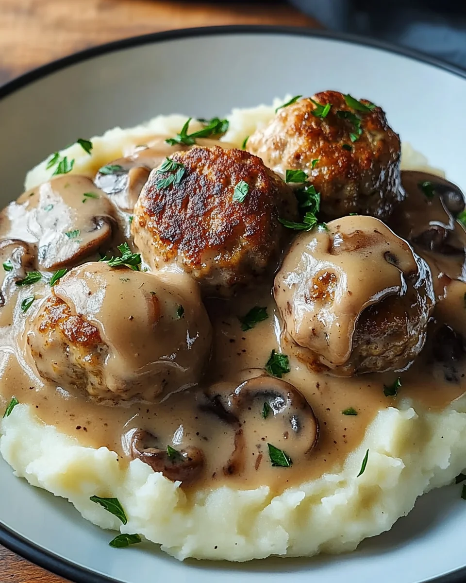 Fleischbällchen mit Kartoffelpüree und Champignonrahmsauce 32 Fleischbällchen mit Kartoffelpüree und Champignonrahmsauce