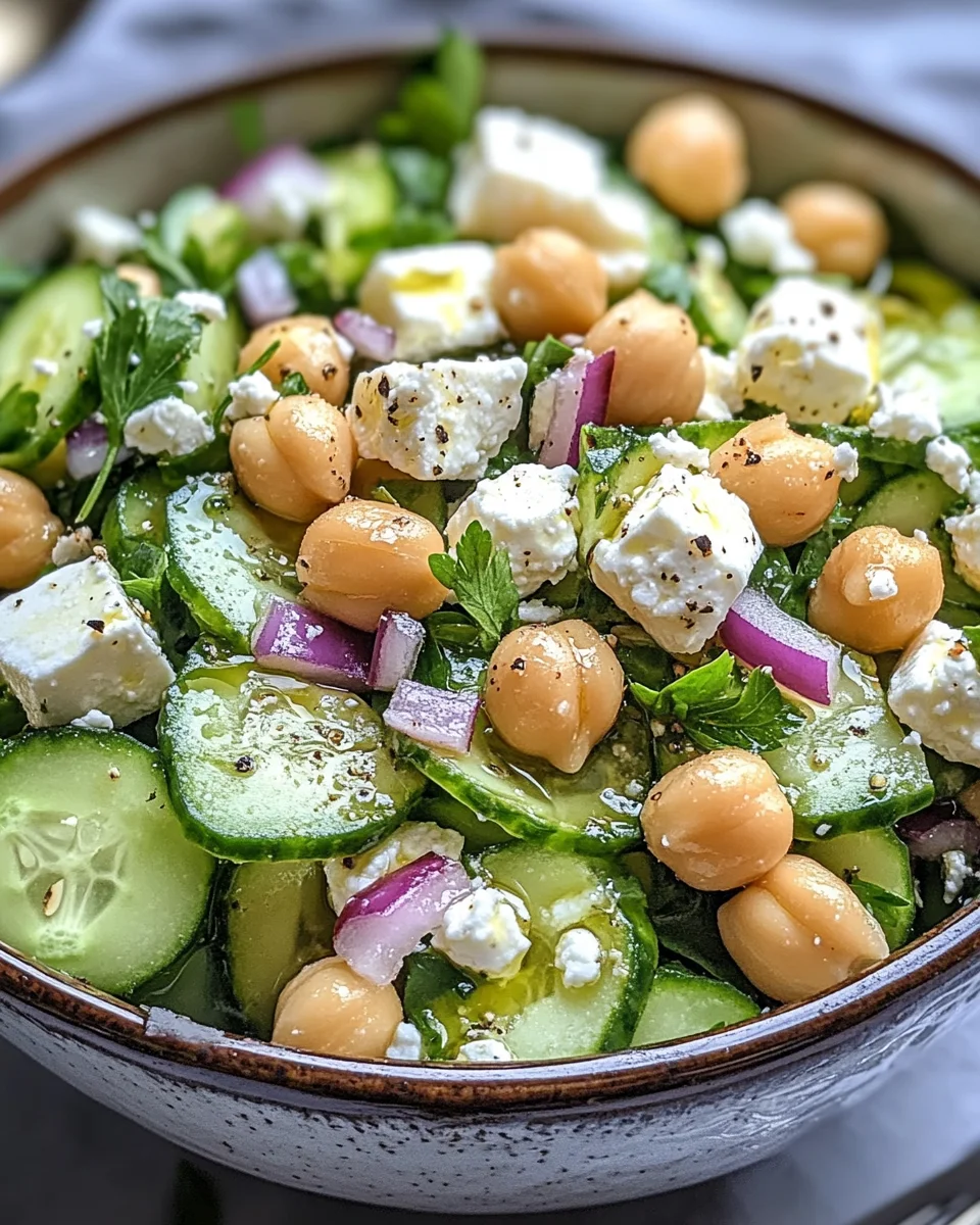 Gurkensalat mit Feta und Kichererbsen