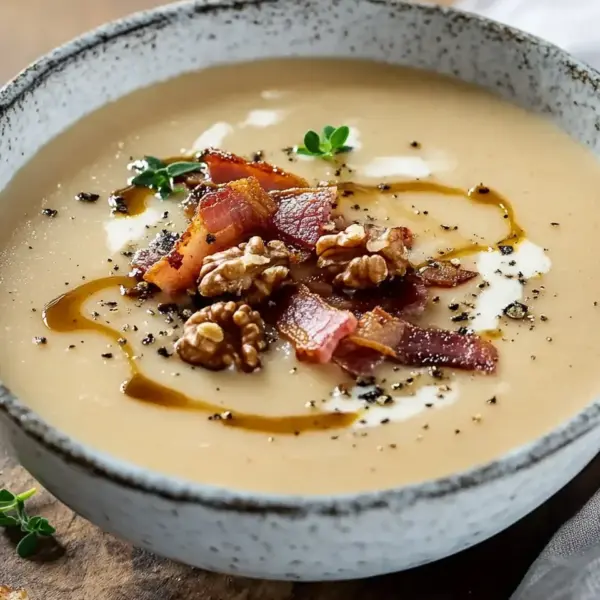 Maronensuppe mit karamellisierten Nüssen und Speck