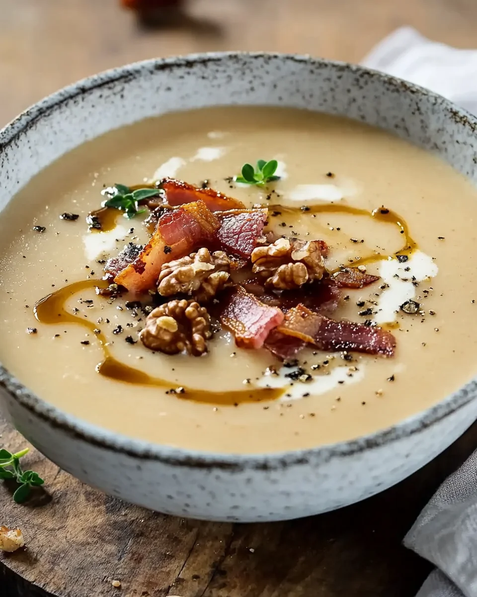 Maronensuppe mit karamellisierten Nüssen und Speck