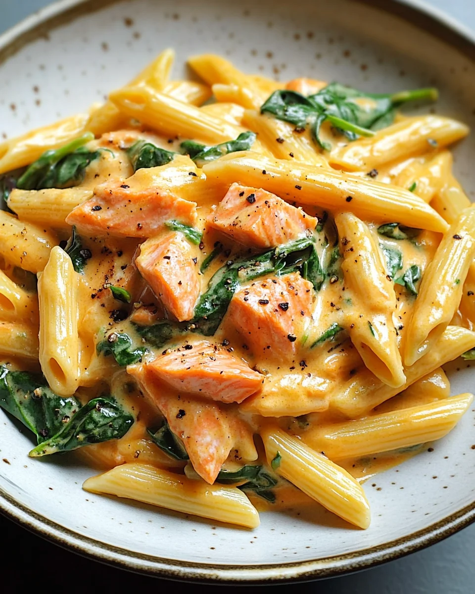 Penne in Lachs-Sahne-Sauce mit Spinat 19 Penne