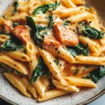 Penne in Lachs-Sahne-Sauce mit Spinat