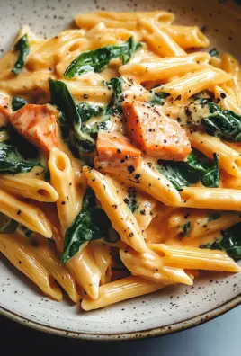 Penne in Lachs-Sahne-Sauce mit Spinat 27 Penne in Lachs-Sahne-Sauce mit Spinat