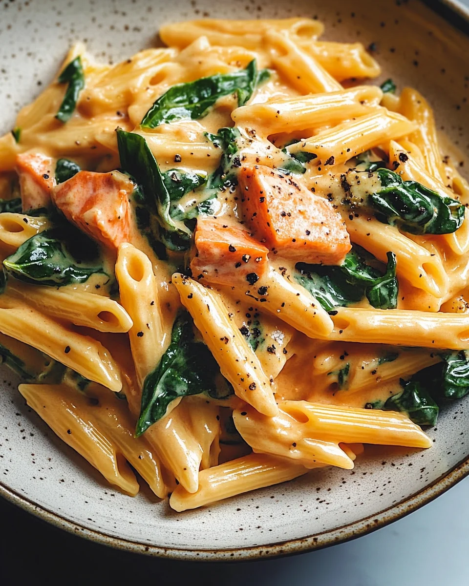 Penne in Lachs-Sahne-Sauce mit Spinat 21 Penne in Lachs-Sahne-Sauce mit Spinat