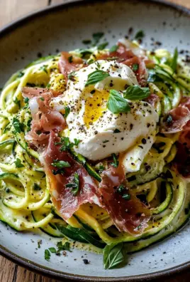 Zucchini Carbonara mit knusprigem Prosciutto und Burrata