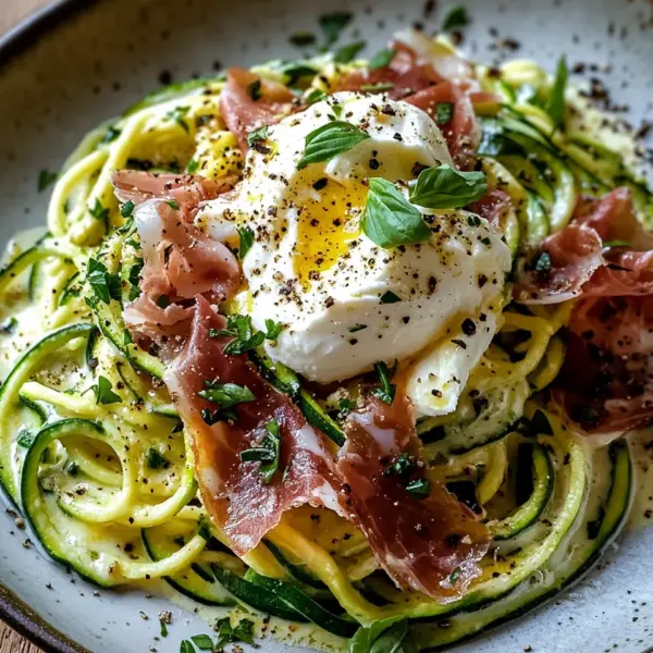 Zucchini Carbonara mit knusprigem Prosciutto und Burrata