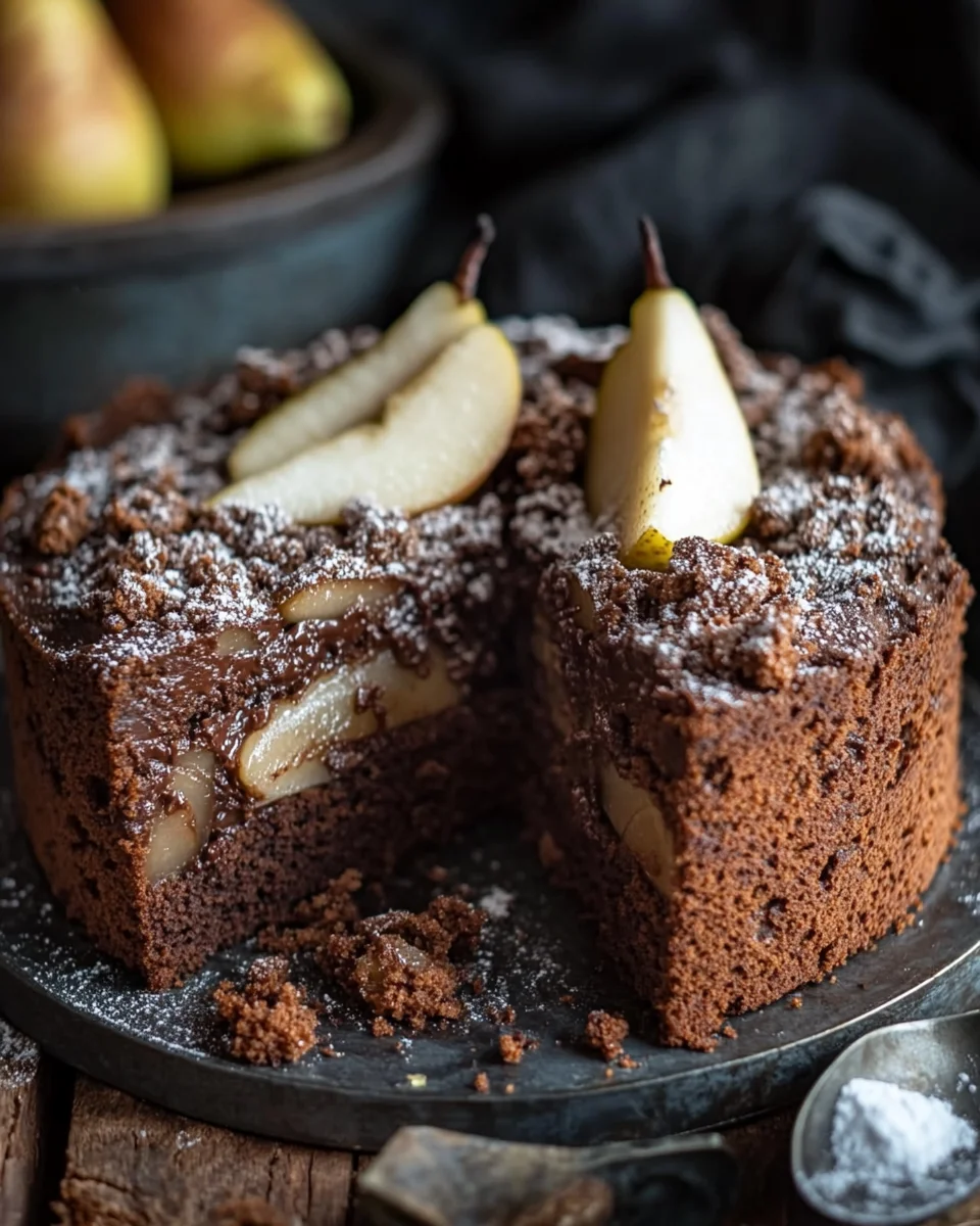 Saftiger Schokoladen-Birnenkuchen mit Schoko-Streuseln