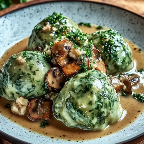 Spinat-Knödel mit Pilzragout