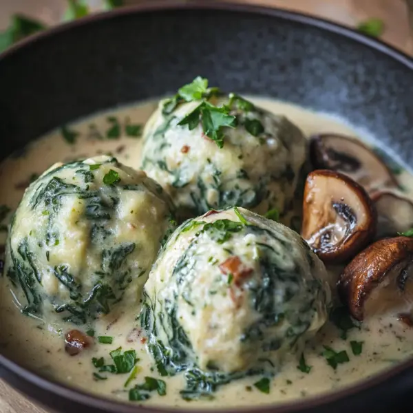 Südtiroler Spinatknödel mit Pilzrahm