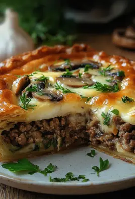 Torte mit Pilzen, Hackfleisch und Käse