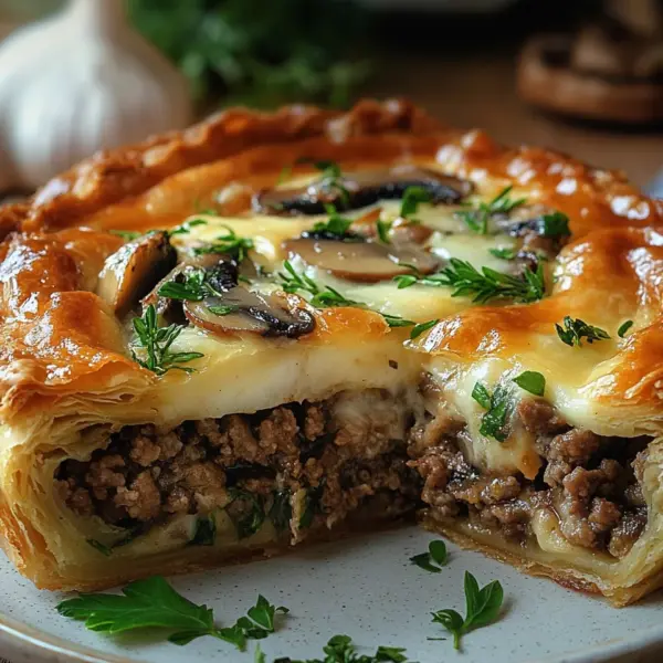 Torte mit Pilzen, Hackfleisch und Käse