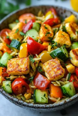 Kritharaki-Salat mit Halloumi-Croutons