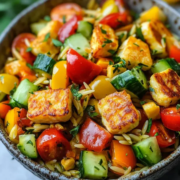 Kritharaki-Salat mit Halloumi-Croutons