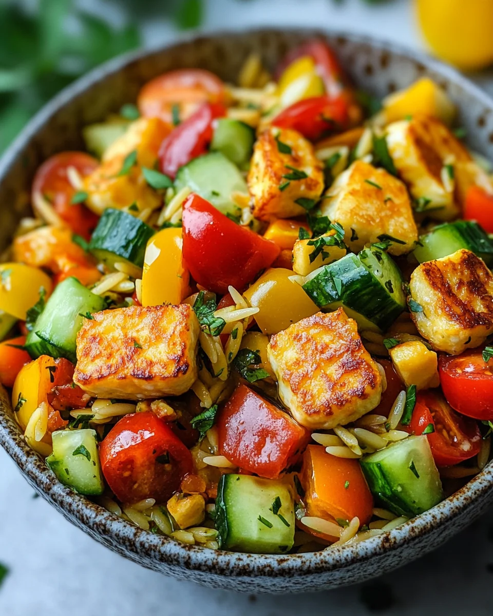 Kritharaki-Salat mit Halloumi-Croutons
