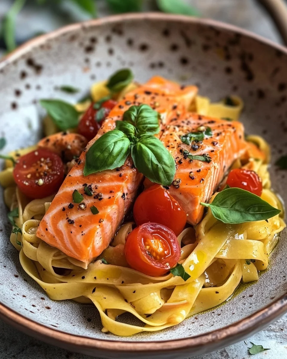 Ofen-Lachs-Pasta mit Tomaten