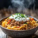 T&uuml;rkische Pasta mit Hackfleisch und Joghurt-Sauce