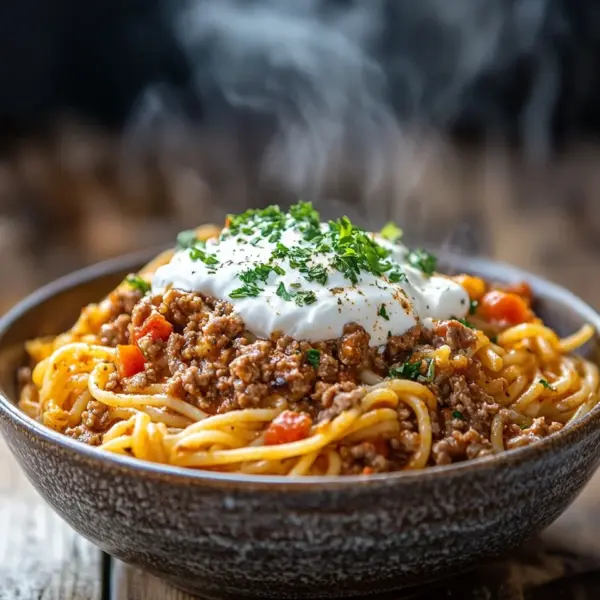 Türkische Pasta mit Hackfleisch und Joghurt-Sauce