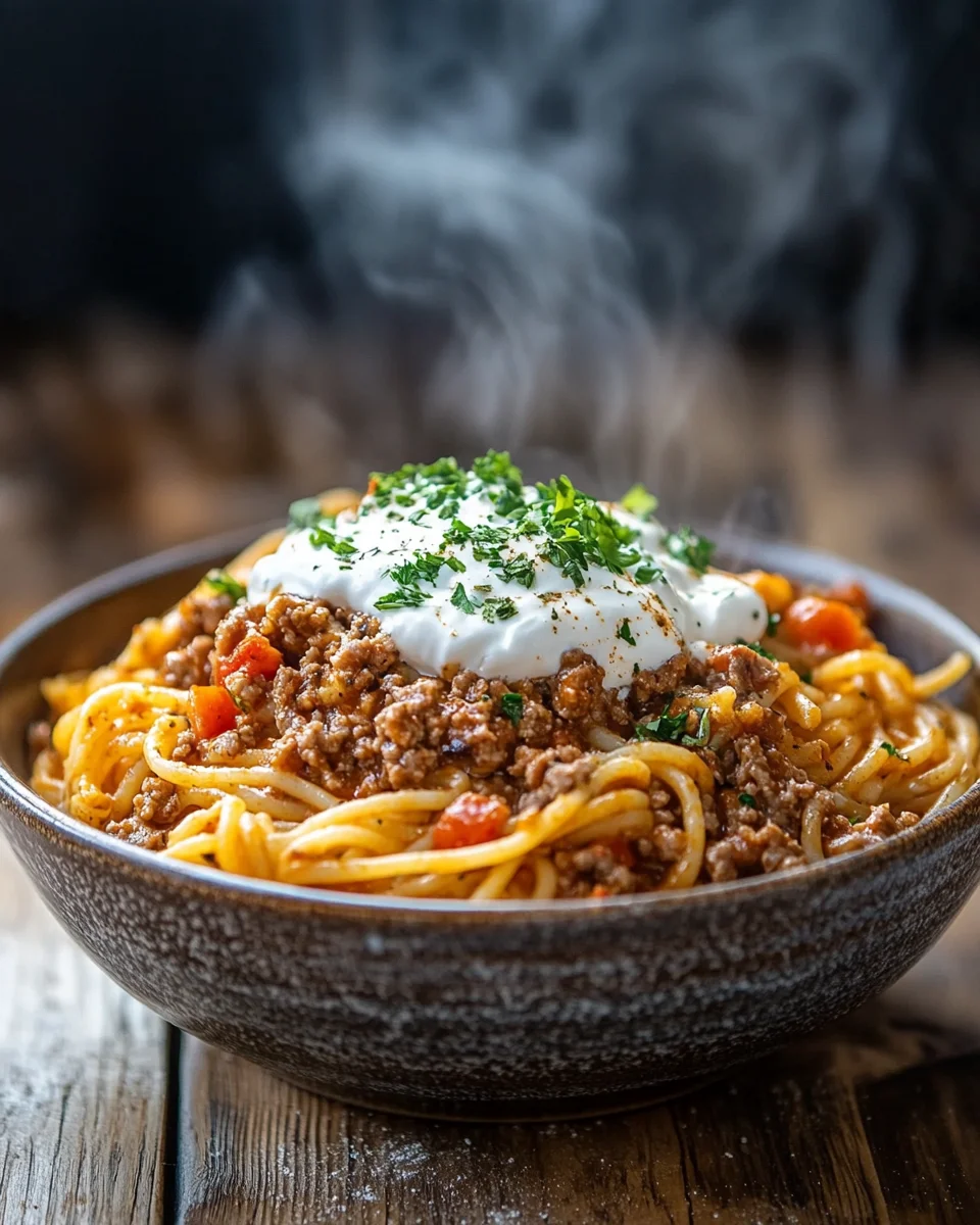 T&uuml;rkische Pasta mit Hackfleisch und Joghurt-Sauce
